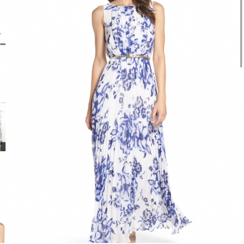 Eliza J blue and white pleated gown